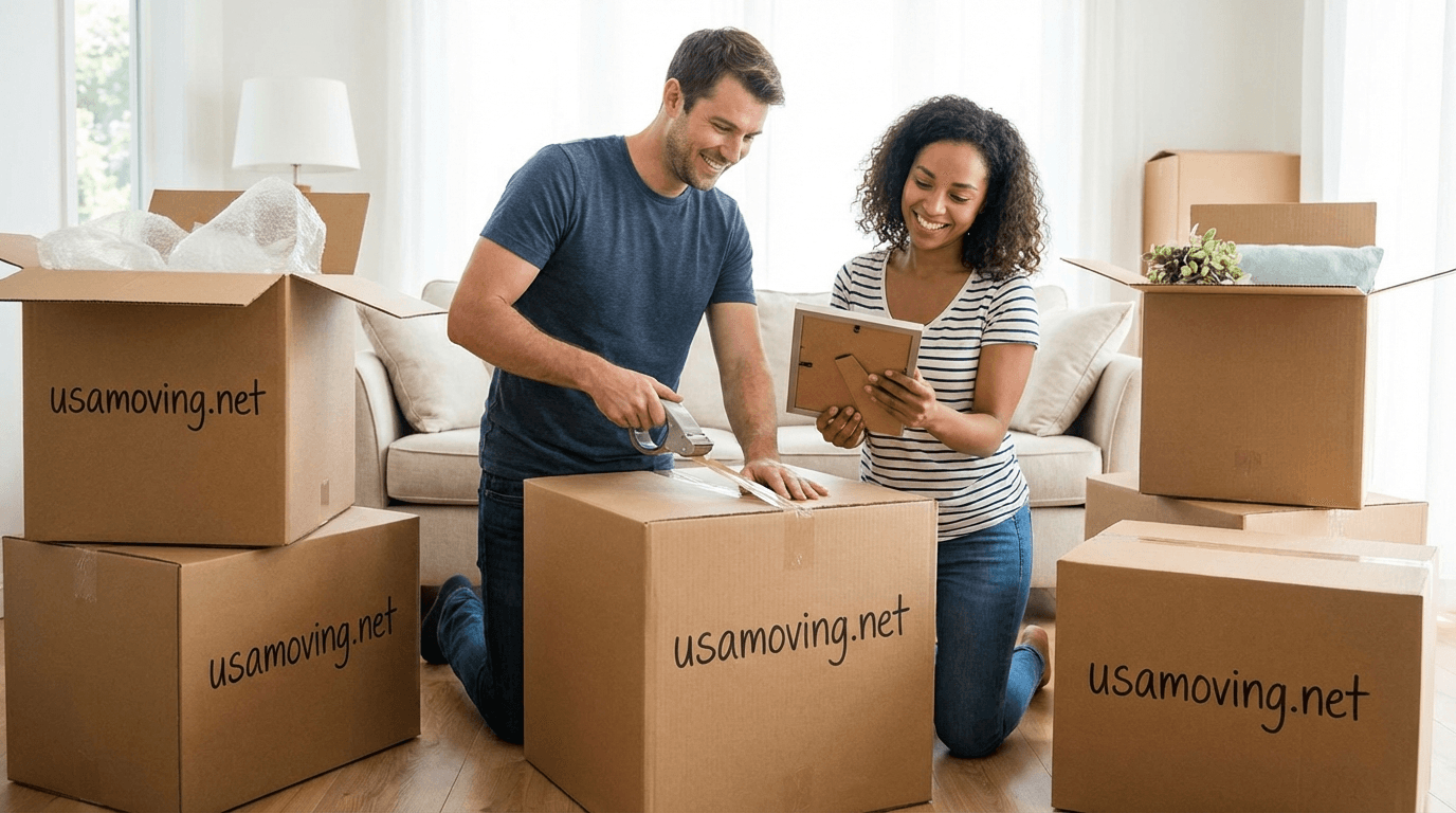 Happy couple preparing boxes for their move with USA Moving