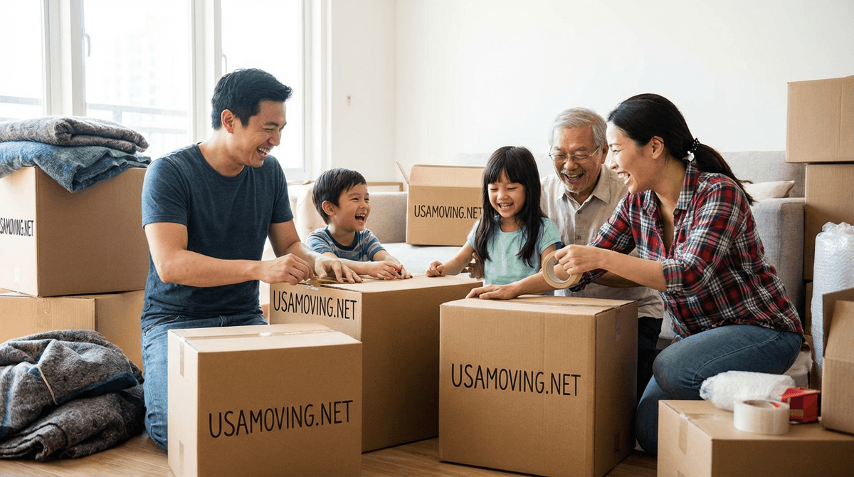 Happy family preparing boxes for their move with USA Moving